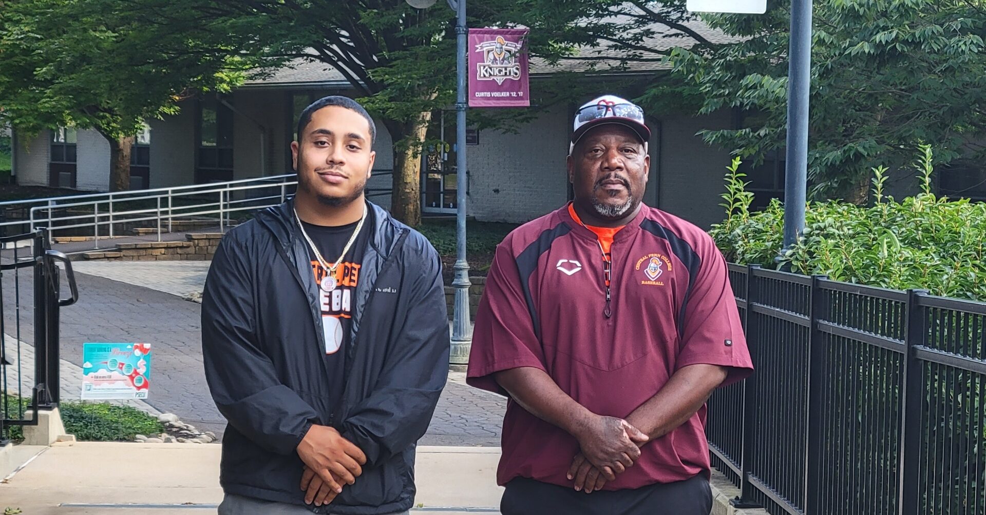 pictured is Coach Robert Stern (right) and Catcher Steven Armstrong (left)